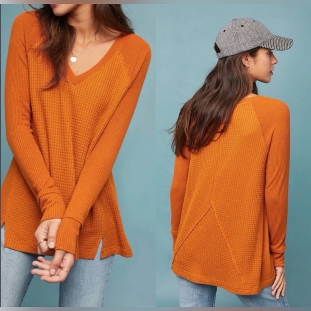 Maeve Anthropologie Cozy Burnt Orange Waffle Thermal V-Neck Pullover Size S